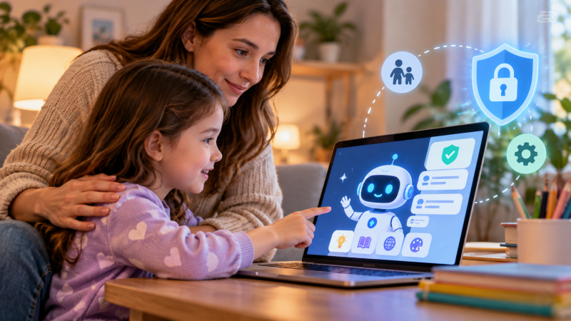 Child using an AI chatbot while a parent stands nearby, highlighting the importance of child-centred AI safety and parental guidance.