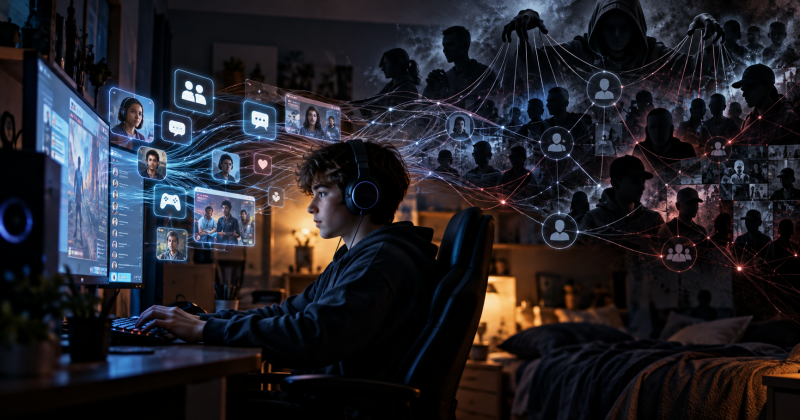 Young person facing a hidden digital network representing The Com and online grooming of children